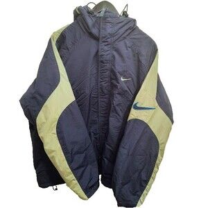 Y2K Nike Swoosh Lined Puffer Jacket Coat Size XL Gray Blue w/ Hood VTG Nike